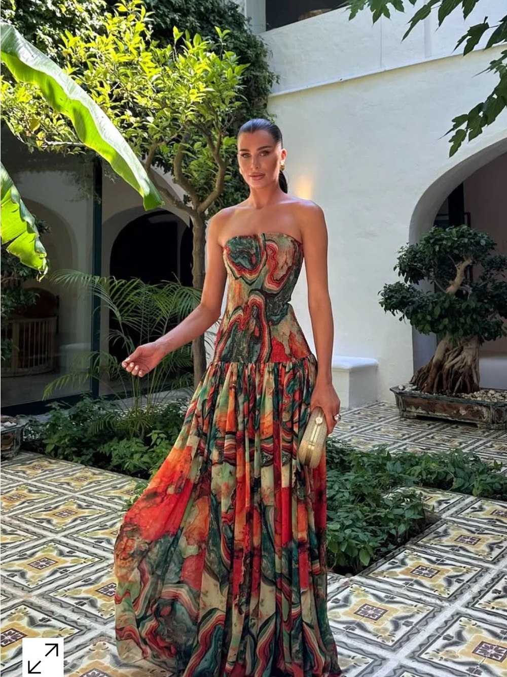 Strapless Multicolor Marble-Print Evening Gown
